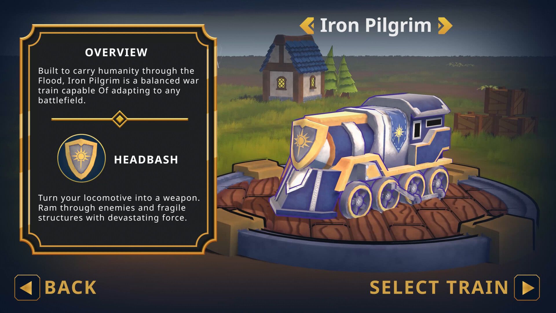 The locomotive screen, showing the blue-and-gold Iron Pilgrim engine and its Headbash ability.