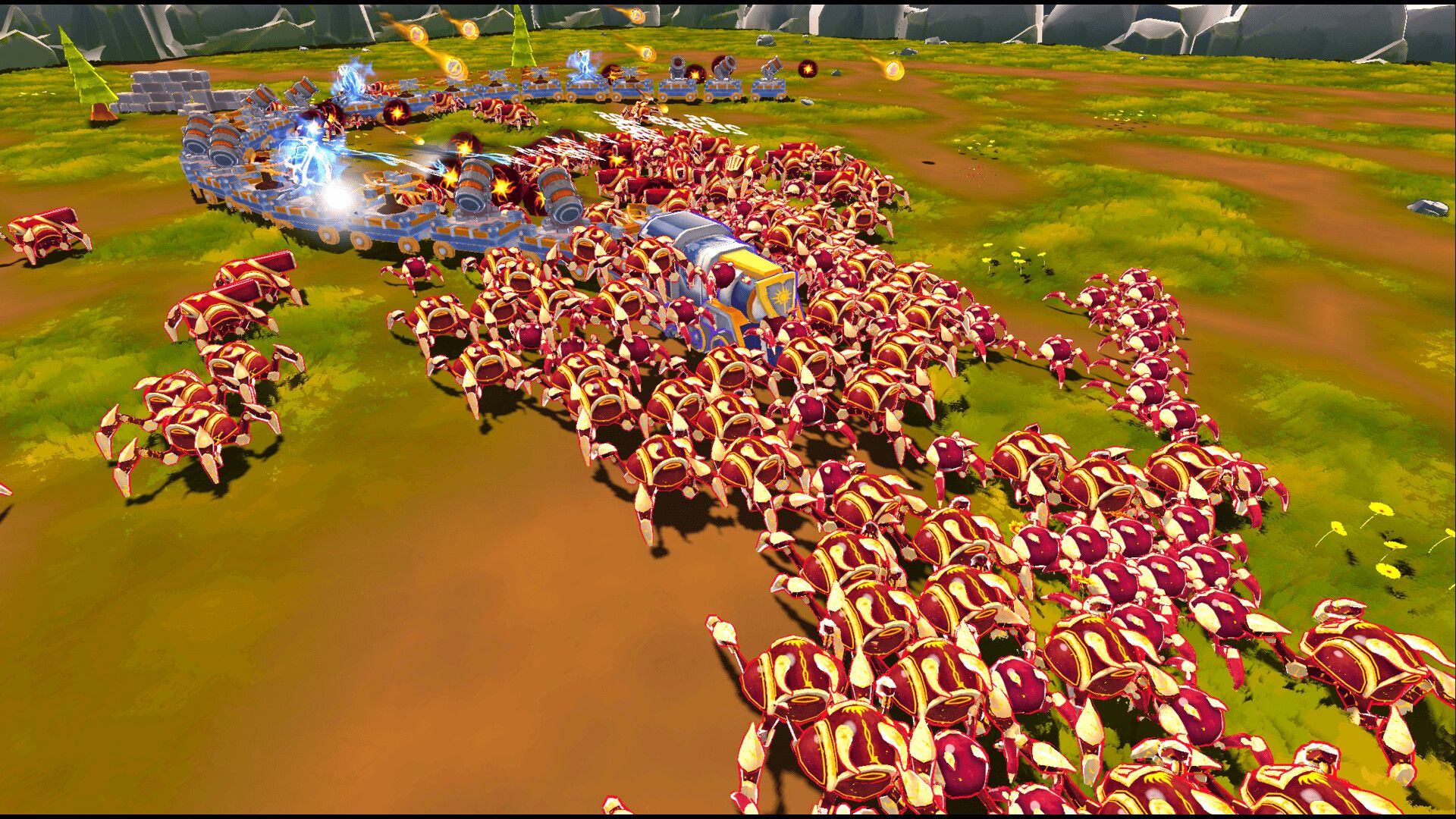Hundreds of red crab-like demons pour toward the war train from every side.