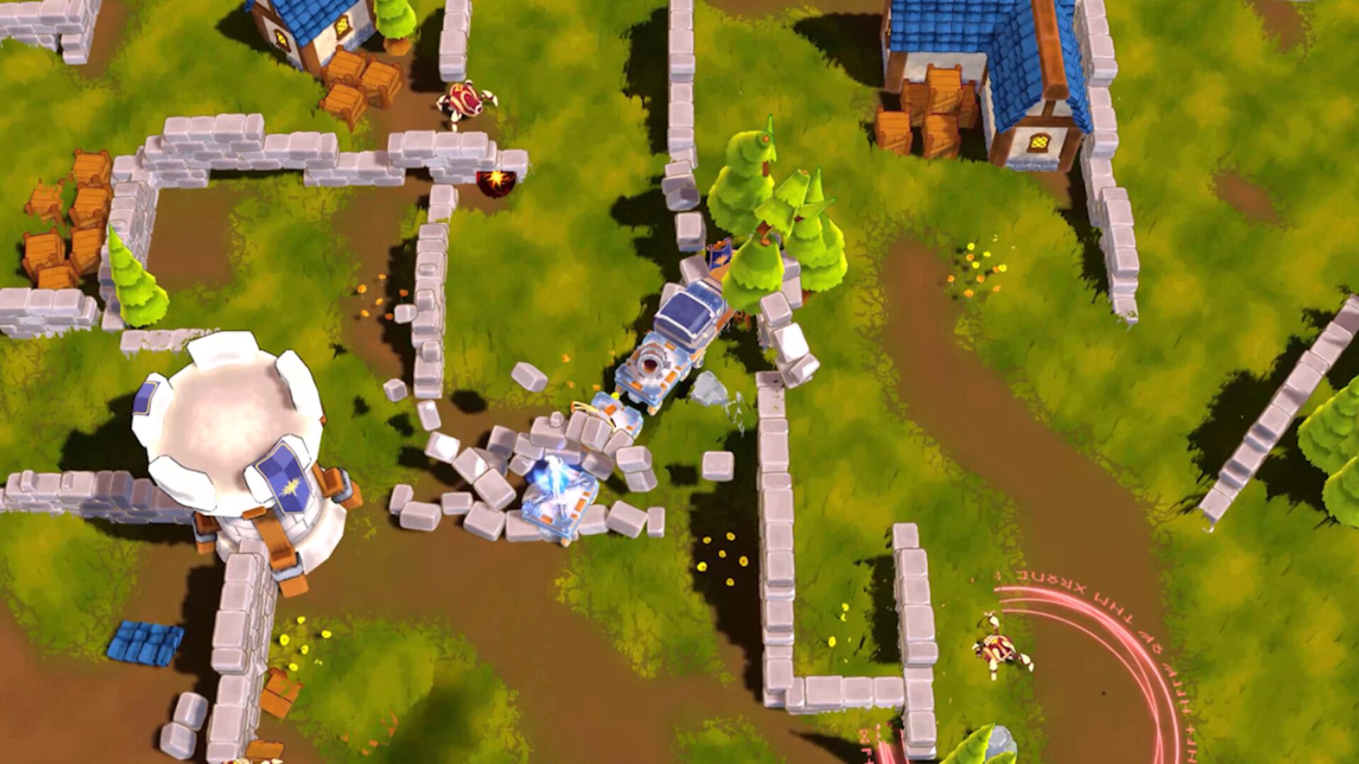Top-down view of the train smashing through stone walls and scattering the blocks.
