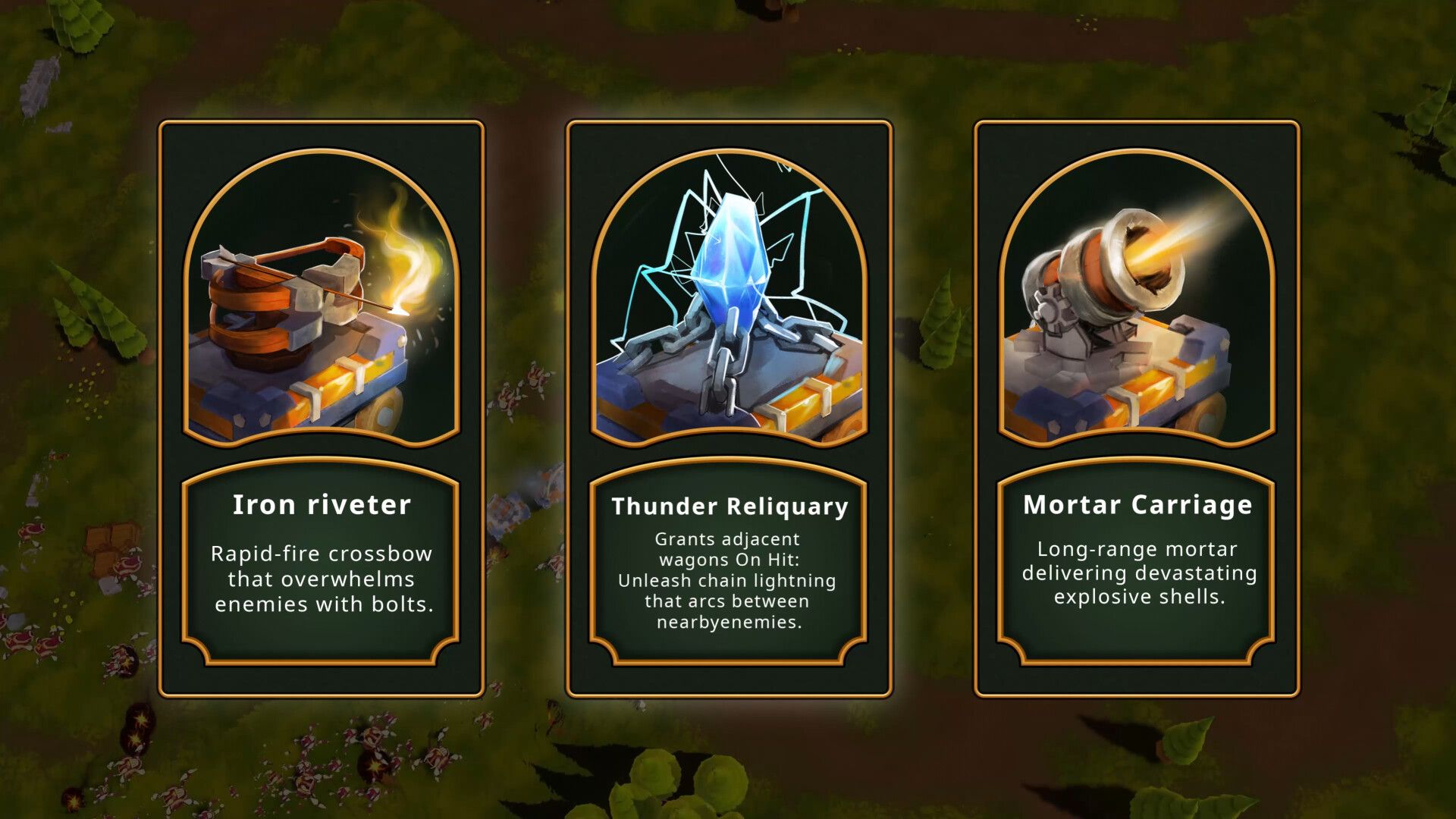 Three wagon cards: Iron Riveter, Thunder Reliquary and Mortar Carriage.