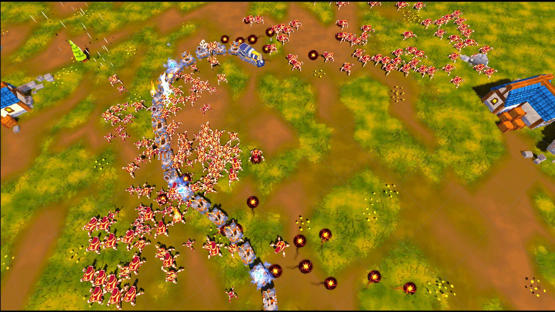 From high above, the train carves a curving path through a dense red horde.